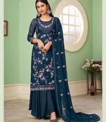 Blue Multy Thread,Sequance Embroidery Work Georgette unstitched Long Length Kameez Sharara party wear salwarsuit