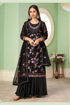 Black Multy Thread,Sequance Embroidery Work Georgette unstitched Long Length Kameez Sharara party wear salwarsuit