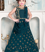 White Button Teal Blue Embroidery Dupatta Style ReadyMade Gown Dress For Kids
