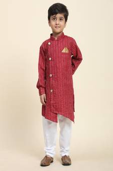 Maroon woven cotton boys-kurta-pyjama