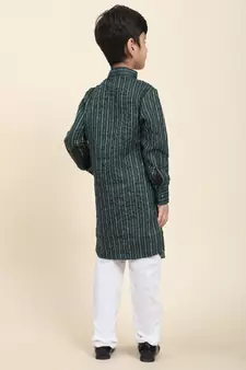 Green woven cotton boys-kurta-pyjama