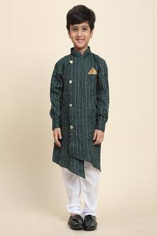 Green woven cotton boys-kurta-pyjama