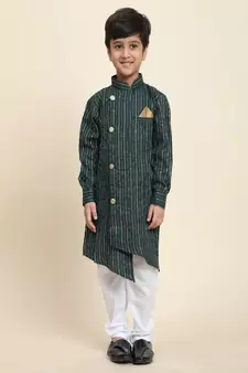 Green woven cotton boys-kurta-pyjama