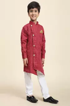 Maroon woven cotton boys-kurta-pyjama