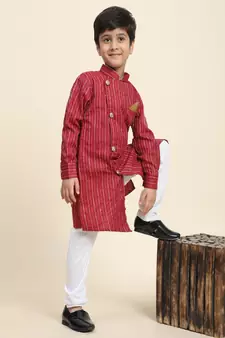 Maroon woven cotton boys-kurta-pyjama
