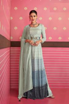 Grey Heavy Thread,Sequance Embroidery Work Georgette unstitched Long Length Kameez Plazzo party wear salwarsuit