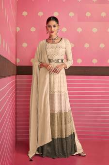Beige Heavy Thread,Sequance Embroidery Work Georgette unstitched Long Length Kameez Plazzo party wear salwarsuit