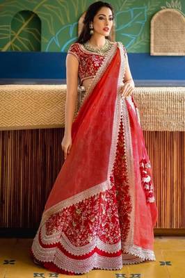 Trendmalls Womens Red Satin Embroidery Work Wedding, Party Wear Semi-stitched Latest Lehenga Choli With Dupatta 1