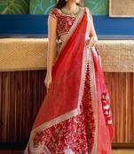 Trendmalls Womens Red Satin Embroidery Work Wedding, Party Wear Semi-stitched Latest Lehenga Choli With Dupatta