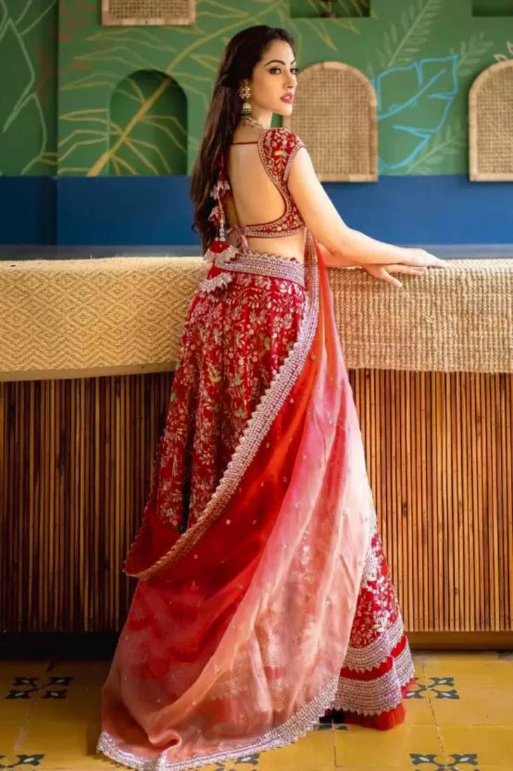 Trendmalls Womens Red Satin Embroidery Work Wedding, Party Wear Semi-stitched Latest Lehenga Choli With Dupatta