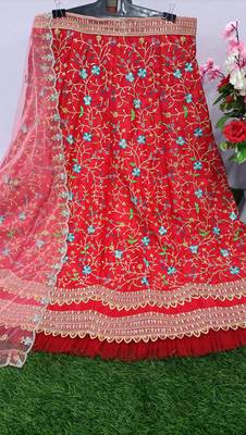 Trendmalls Womens Red Satin Embroidery Work Wedding, Party Wear Semi-stitched Latest Lehenga Choli With Dupatta 4