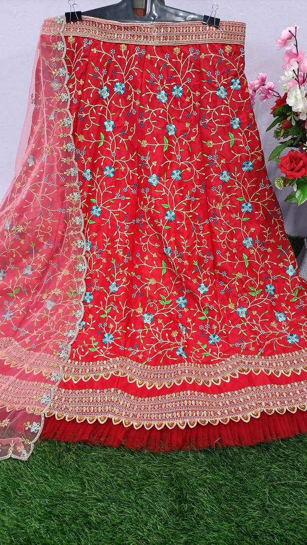 Trendmalls Womens Red Satin Embroidery Work Wedding, Party Wear Semi-stitched Latest Lehenga Choli With Dupatta