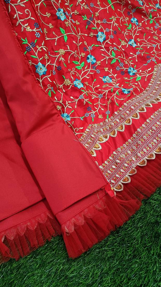Trendmalls Womens Red Satin Embroidery Work Wedding, Party Wear Semi-stitched Latest Lehenga Choli With Dupatta