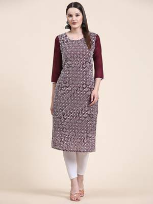 Ethnic motifs embroidered Round neck Three-quarter, regular sleeves Straight shape style Sequined 1