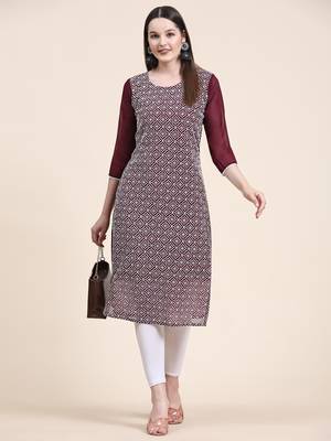 Ethnic motifs embroidered Round neck Three-quarter, regular sleeves Straight shape style Sequined 5