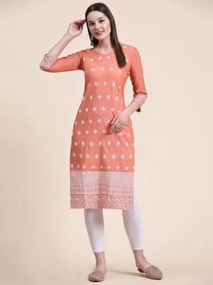 Ethnic motifs embroidered V-neck Three-quarter regular sleeves Straight shape style Thread work detail Calf length kurti 1