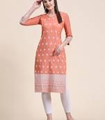 Ethnic motifs embroidered V-neck Three-quarter regular sleeves Straight shape style Thread work detail Calf length kurti