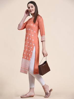 Ethnic motifs embroidered V-neck Three-quarter regular sleeves Straight shape style Thread work detail Calf length kurti 5