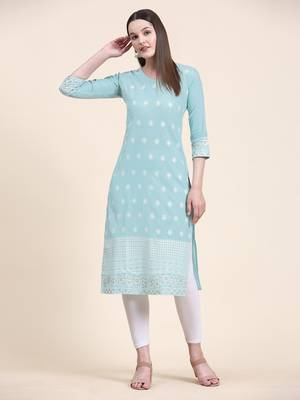 Ethnic motifs embroidered V-neck Three-quarter regular sleeves Straight shape style Thread work detail Calf length kurti 1