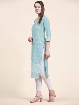 Ethnic motifs embroidered V-neck Three-quarter regular sleeves Straight shape style Thread work detail Calf length kurti 2