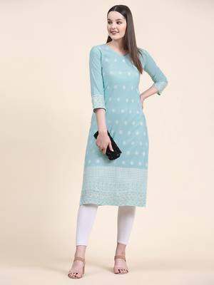 Ethnic motifs embroidered V-neck Three-quarter regular sleeves Straight shape style Thread work detail Calf length kurti 5