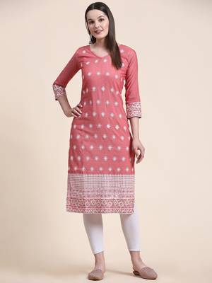 Ethnic motifs embroidered V-neck Three-quarter regular sleeves Straight shape style Thread work detail Calf length kurti 1