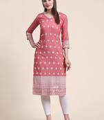 Ethnic motifs embroidered V-neck Three-quarter regular sleeves Straight shape style Thread work detail Calf length kurti