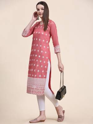Ethnic motifs embroidered V-neck Three-quarter regular sleeves Straight shape style Thread work detail Calf length kurti 5