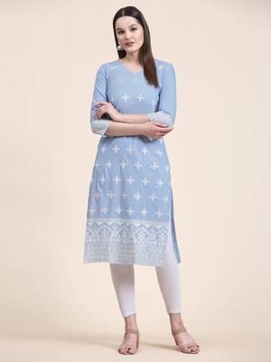 Ethnic motifs embroidered V-neck Three-quarter regular sleeves Straight shape style Thread work detail Calf length kurti 1
