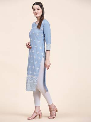 Ethnic motifs embroidered V-neck Three-quarter regular sleeves Straight shape style Thread work detail Calf length kurti 2