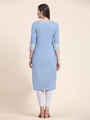 Ethnic motifs embroidered V-neck Three-quarter regular sleeves Straight shape style Thread work detail Calf length kurti 3