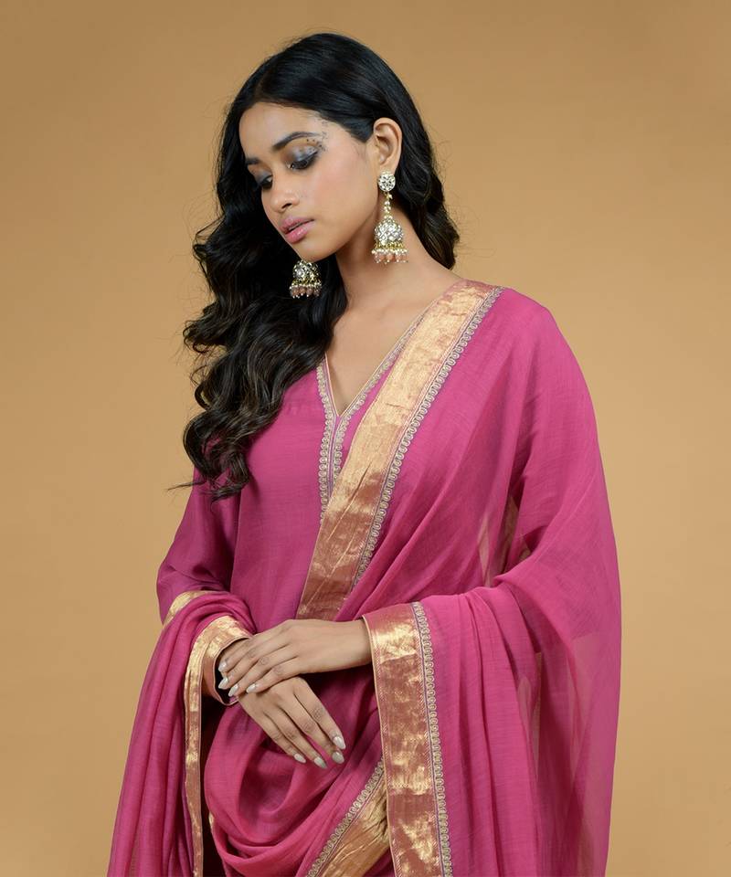 Raspberry Tilla Embroidered Chanderi Kurta Set