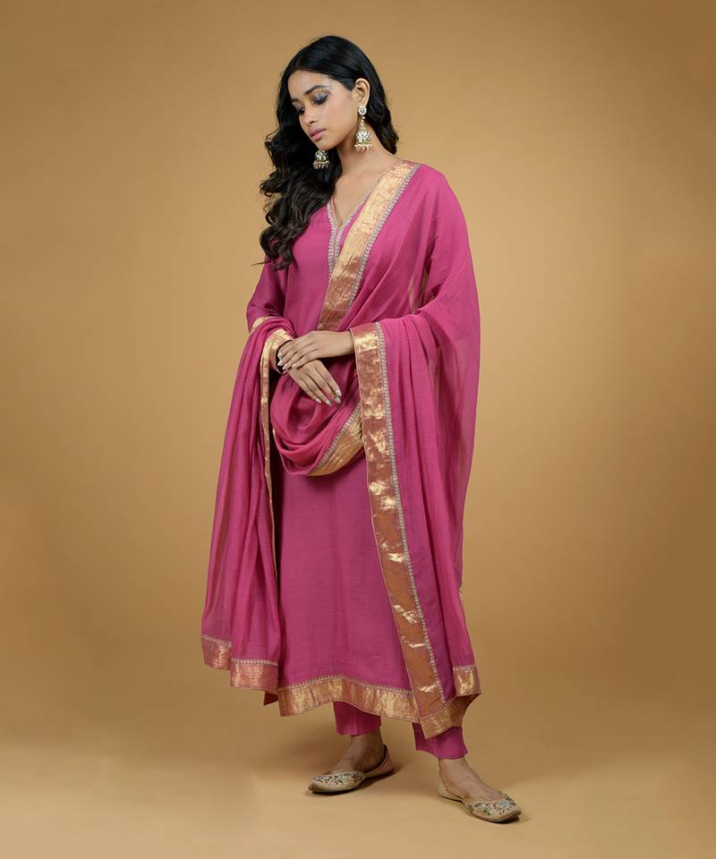 Raspberry Tilla Embroidered Chanderi Kurta Set