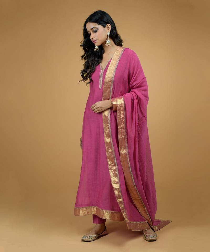 Raspberry Tilla Embroidered Chanderi Kurta Set