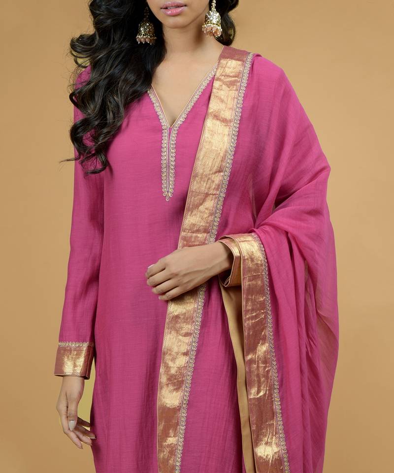 Raspberry Tilla Embroidered Chanderi Kurta Set