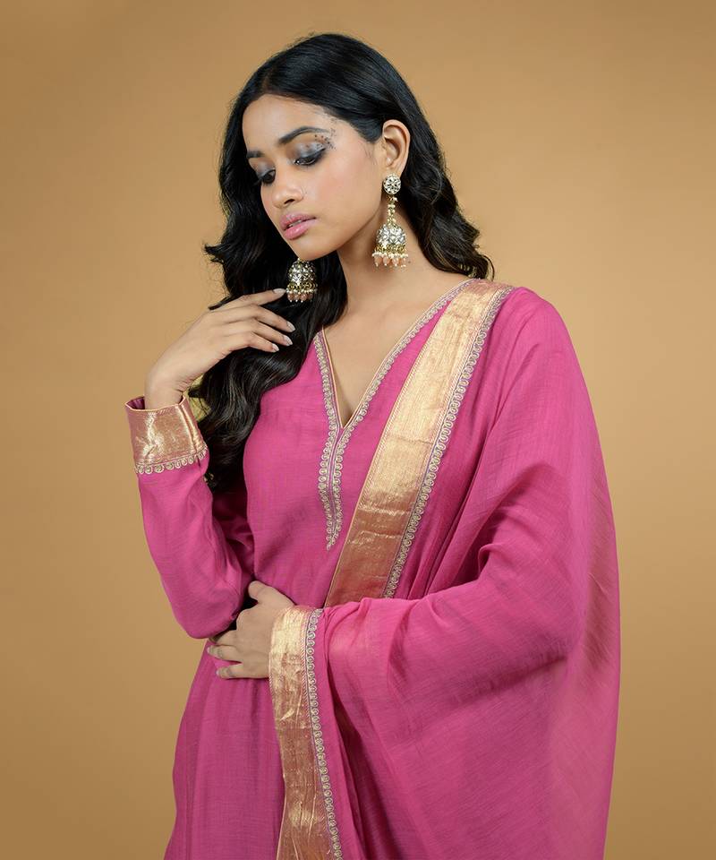 Raspberry Tilla Embroidered Chanderi Kurta Set
