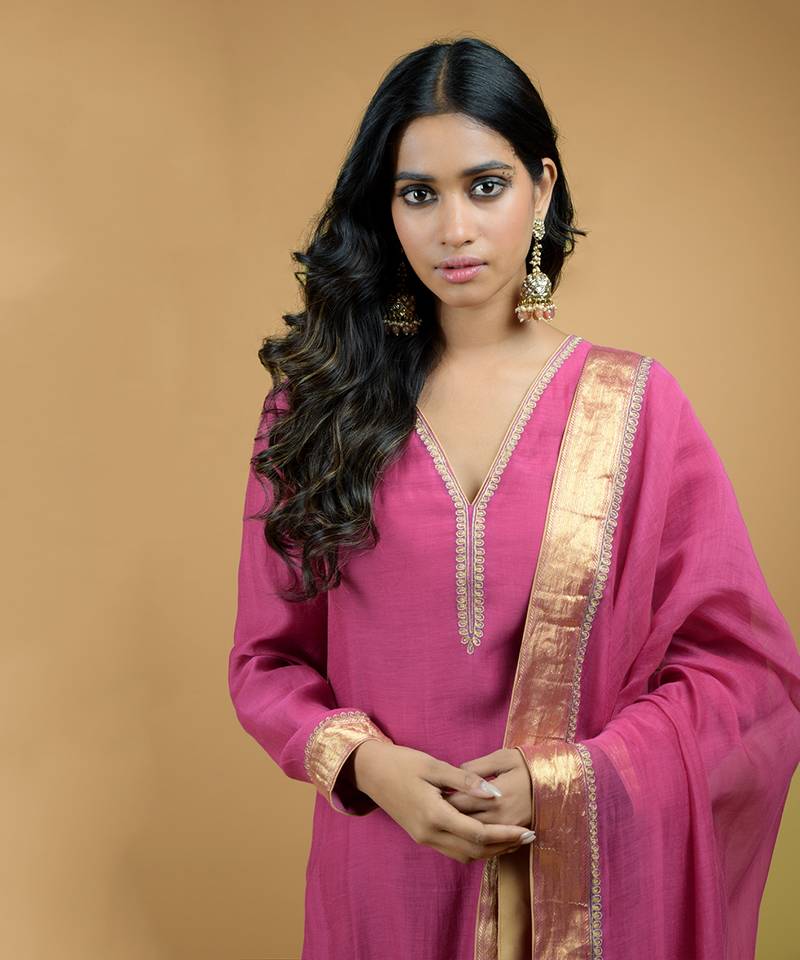 Raspberry Tilla Embroidered Chanderi Kurta Set