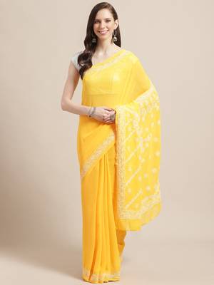 Handmade Yellow Georgette Lucknow Chikankari Indian Women Saree With Blouse 1