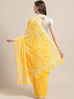 Handmade Yellow Georgette Lucknow Chikankari Indian Women Saree With Blouse 2