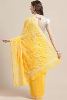 Handmade Yellow Georgette Lucknow Chikankari Indian Women Saree With Blouse
