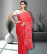 Handcrafted Red Cotton Lucknow Chikankari Indian Women Saree With Blouse