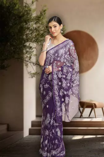ADA Hand Embroidered Purple Georgette Lucknow Chikankari Indian Women Saree with Blouse - A130081