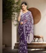 ADA Hand Embroidered Purple Georgette Lucknow Chikankari Indian Women Saree with Blouse - A130081