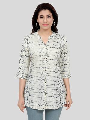 Cream printed rayon short-kurtis 1