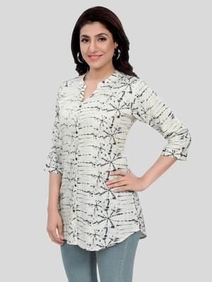 Cream printed rayon short-kurtis 3