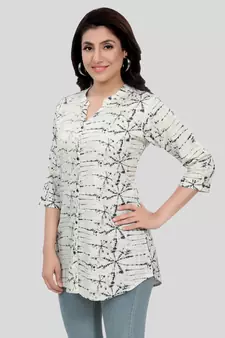 Cream printed rayon short-kurtis