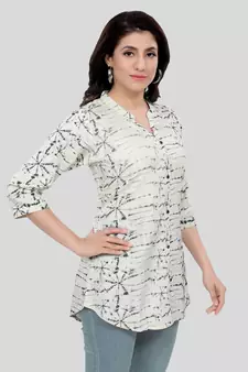 Cream printed rayon short-kurtis