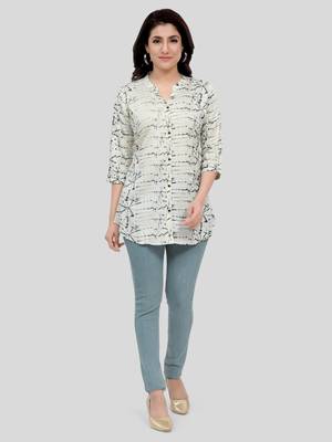 Cream printed rayon short-kurtis 5