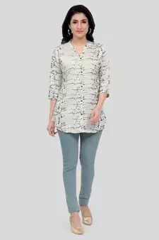 Cream printed rayon short-kurtis