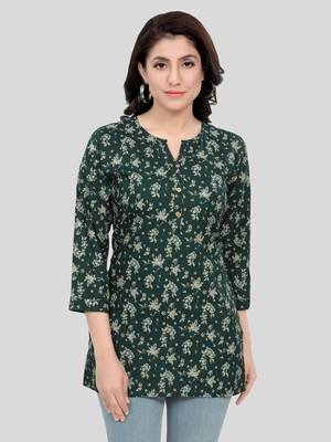 Green printed rayon short-kurtis 1